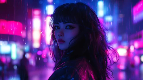 Neon drenched portrait of lone girl in rain soaked city night.