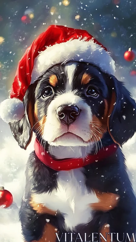 Christmas puppy portrait with falling snow and lights.