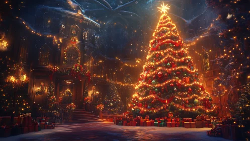 Christmas tree dominates courtyard with dense festive lighting