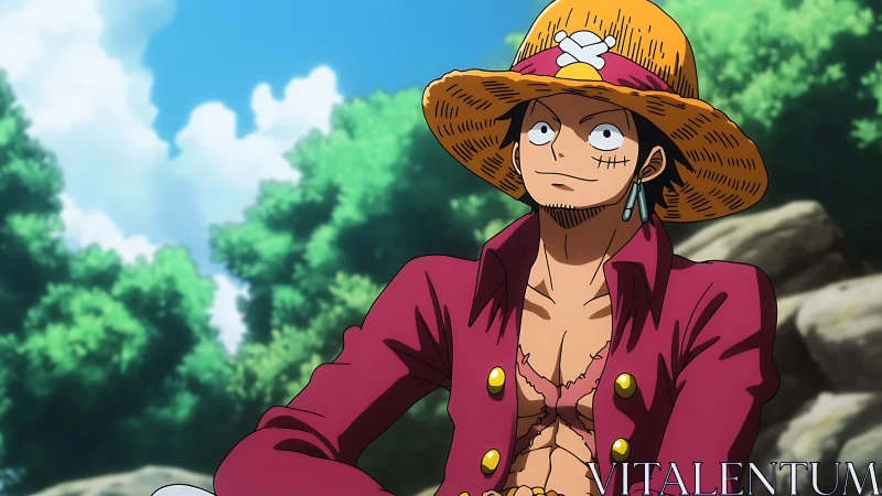 Straw hat anime pirate resting outdoors in forest scene.