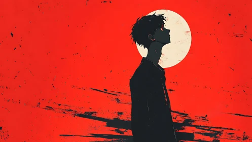 Minimalist anime silhouette against distressed red sunfield.