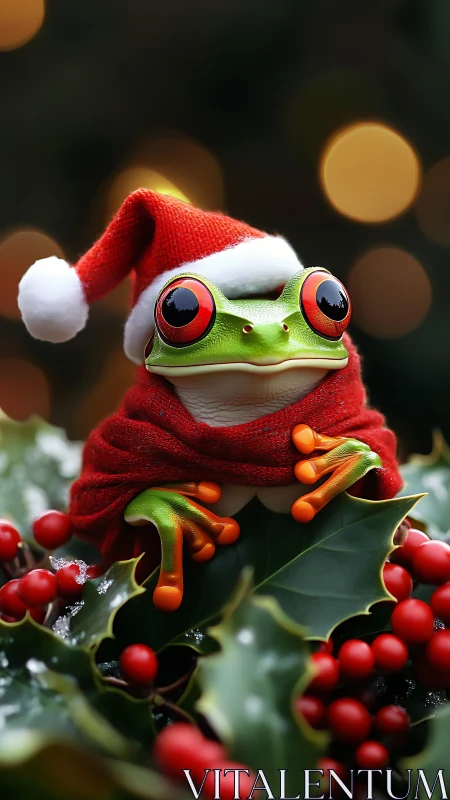 Santa-hatted tree frog guards holly berries like festive jewels