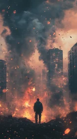 Lone wanderer stands firm in a burning city of embers.