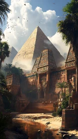 Ancient sandstone pyramid temple complex under bright daylight