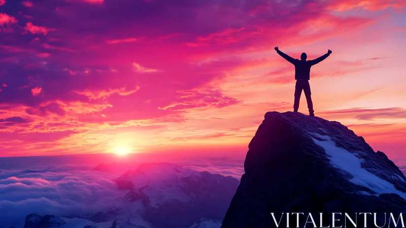 Silhouette on mountain summit against vivid sunset sky.