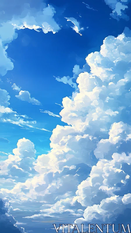 Towering cumulus clouds under clear blue sky panorama.
