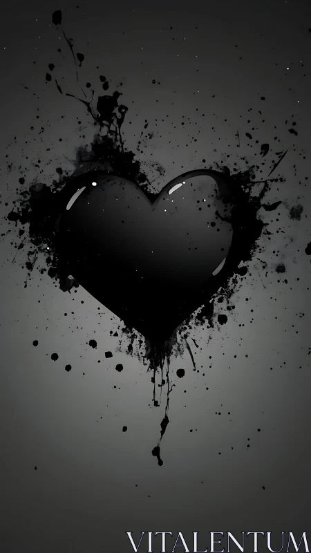 Black Heart with Ink Splatter Effect on Gray Background