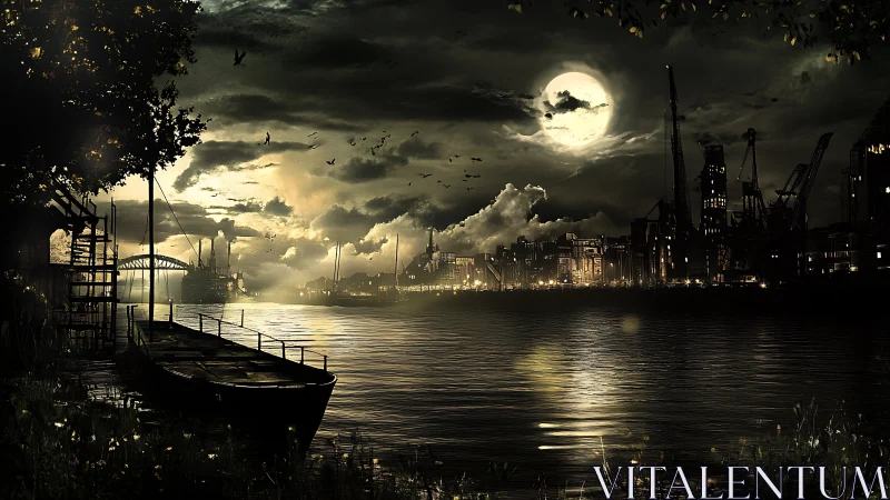 Moonlit industrial harbor glowing over calm dark water.