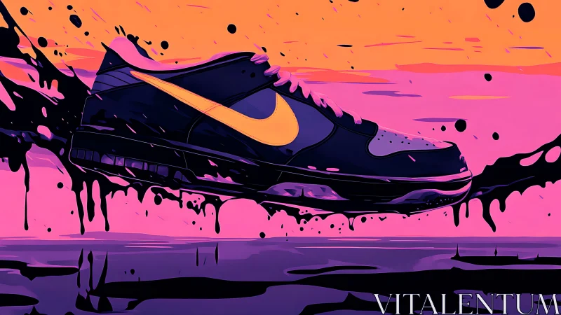 Pop art sneaker splash against neon sunset gradient background.
