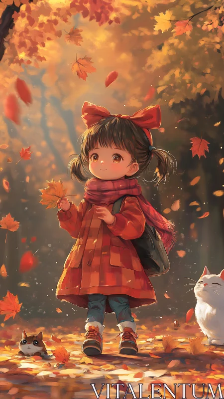 Autumn forest walk with girl in red coat, scarf and two cats