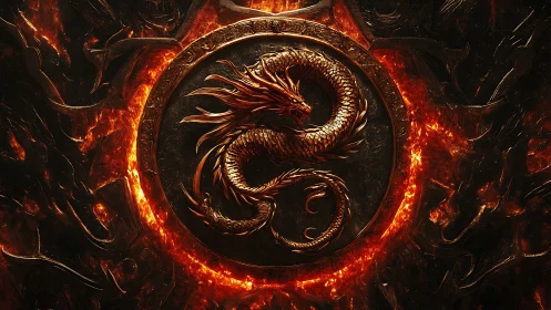 Molten brass dragon sigil encircled by eruptive lava ring