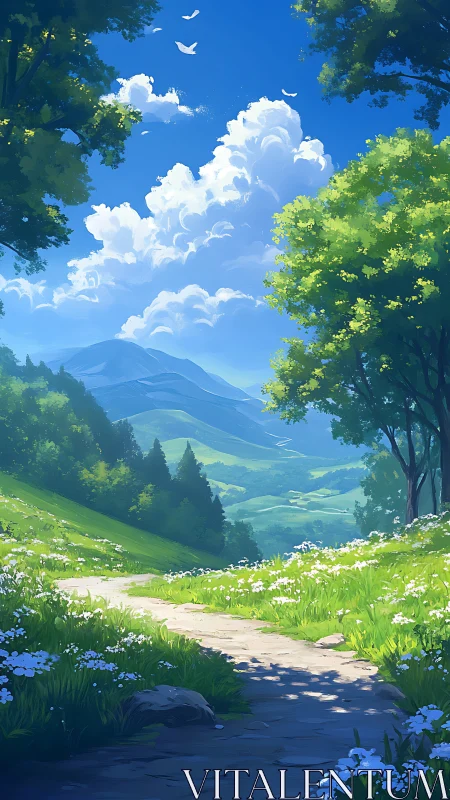 Sunny hillside path through green valley landscape.
