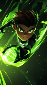 Heroic energy blast from young green-clad warrior.