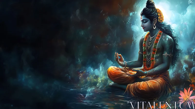 Seated blue-skinned figure meditates in illuminated water space