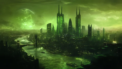 Emerald night over a futuristic riverside metropolis.