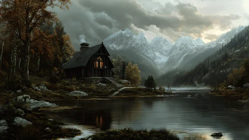 Isolated timber cabin with warm interior lighting near alpine lake