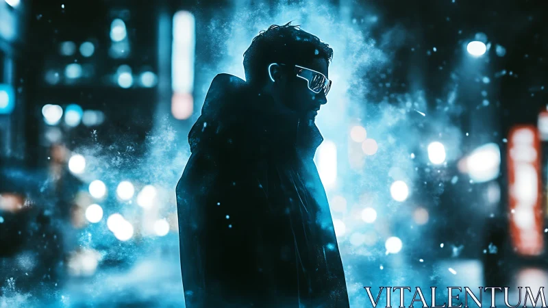 Silhouetted figure stands in illuminated blue urban environment