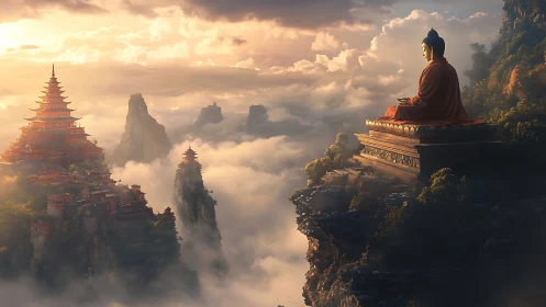 Meditating Buddha statue above foggy mountain pagoda valley.
