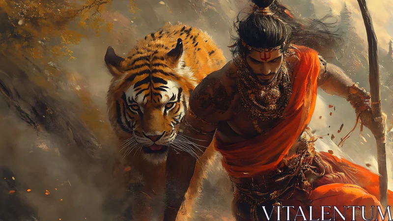 Warrior-priest strides with ember-eyed tiger guardian through haze.