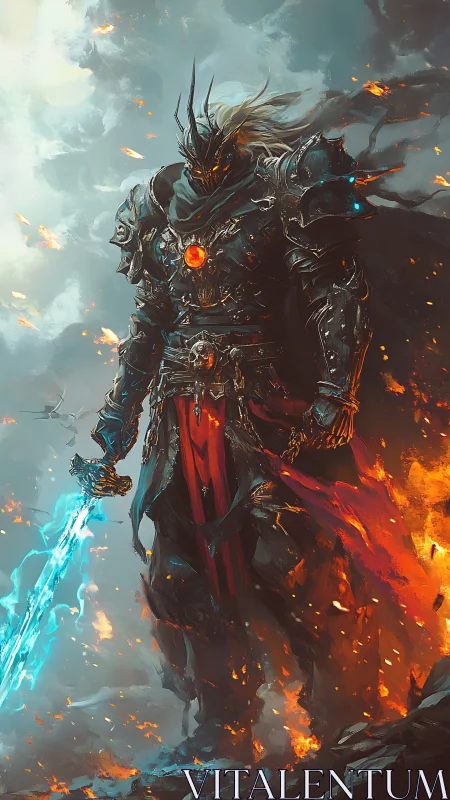 Dark armored warlord with flaming cloak and frost blade.