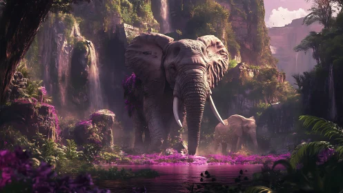 Majestic elephants crossing luminous jungle river gorge.