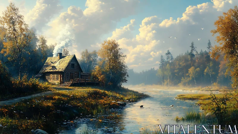 Rustic river cabin rests in serene golden morning light