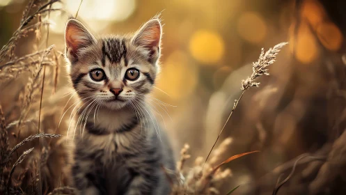 Tabby Kitten Portrait in Golden Hour Meadow with Bokeh Background