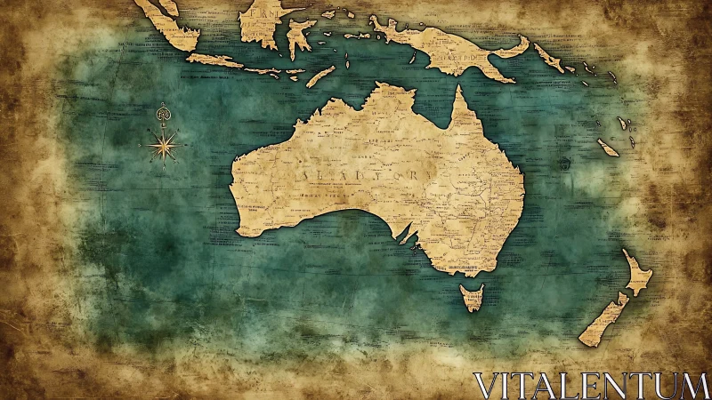 Vintage-style map of Australia and Oceania on aged parchment.