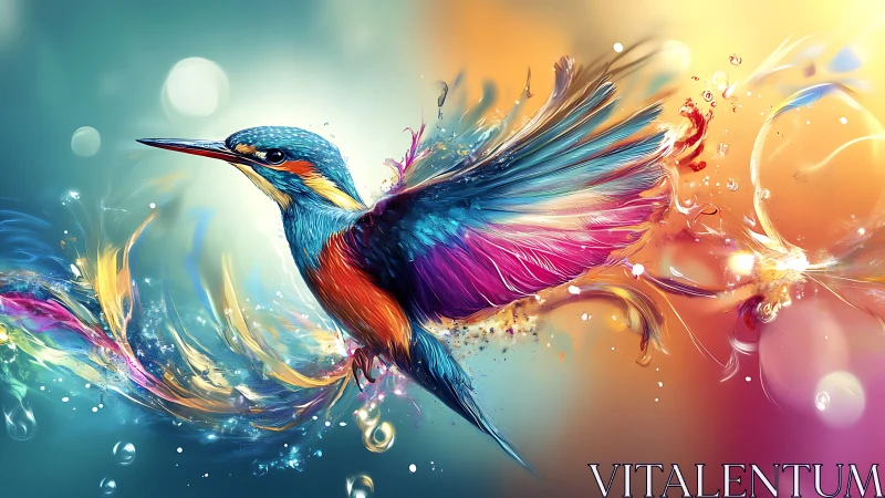 Colorful digital kingfisher in motion with abstract light.