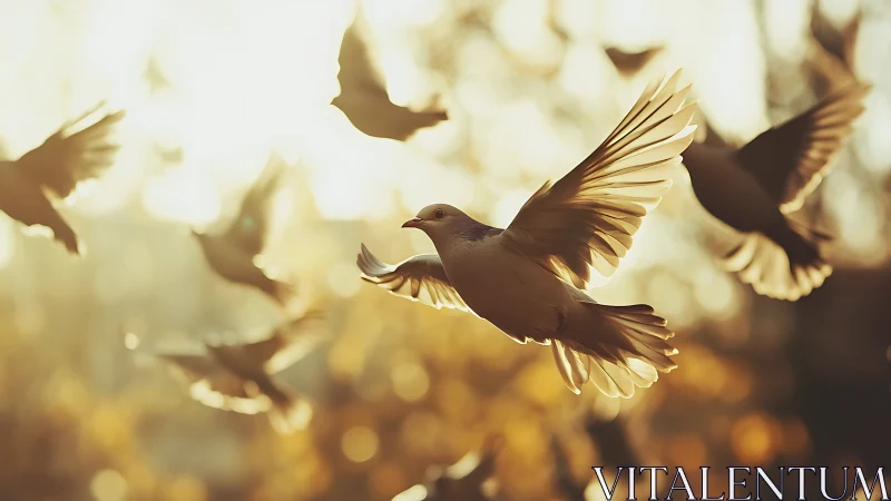 Flock of doves in flight at golden hour, soft focus photography.