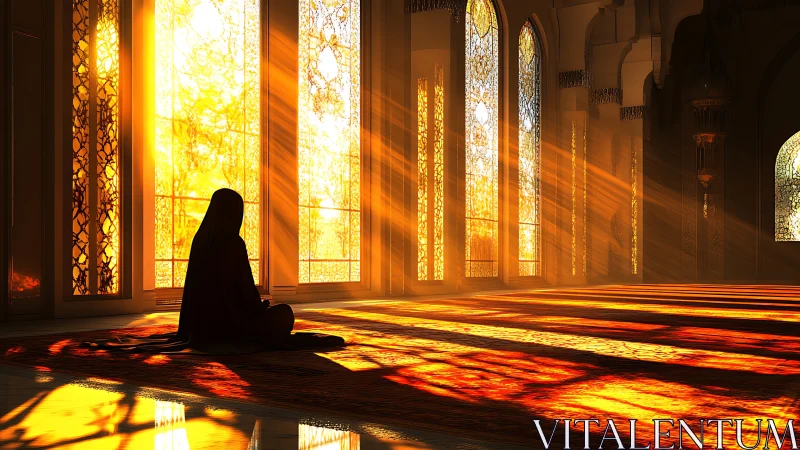Solitary prayer in golden sunlit mosque interior at dawn.