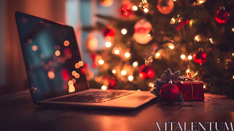 Laptop on table beside decorated tree with defocused lights.