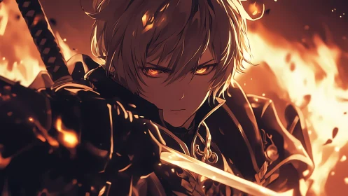 Fiery swordsman in dynamic close-up anime composition.