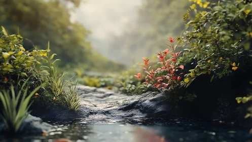 Lush forest stream with vivid red foliage and soft light.