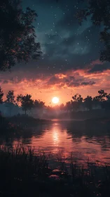 Cinematic sunset lake vista with misty treeline silhouettes.