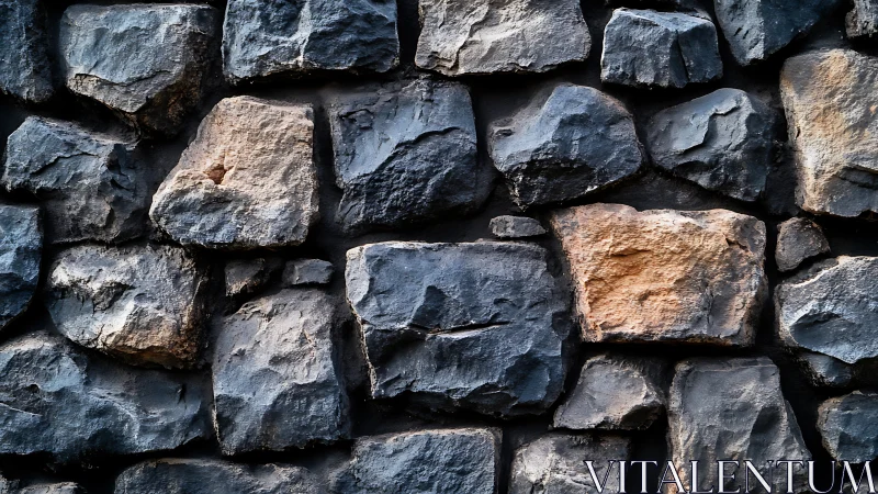 Close-up textured basalt stone wall with mixed warm inclusions