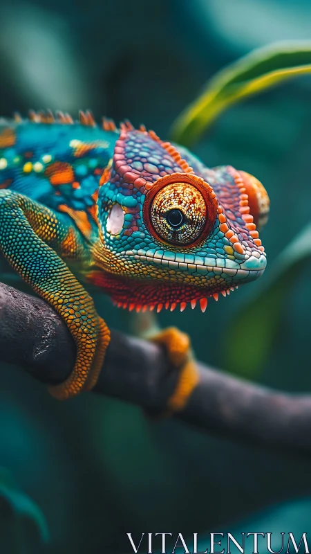 Prismatic jungle chameleon clings to a branch in neon quiet.