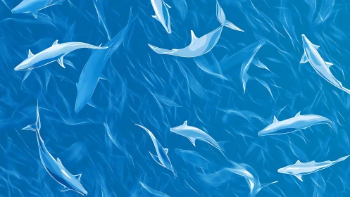 Graceful dolphins glide through luminous abstract ocean waters