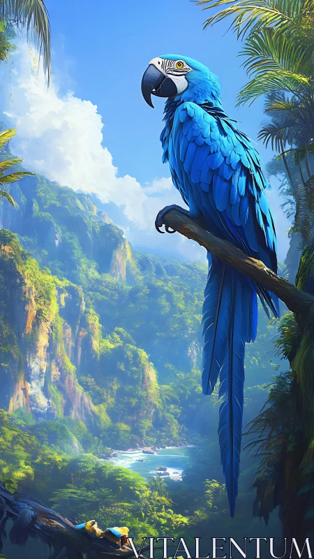 Vivid blue parrot overlooking sunlit tropical canyon vista.