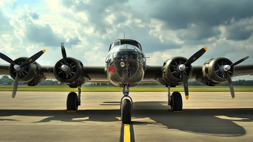 Vintage four-engine aircraft waiting proudly on runway.