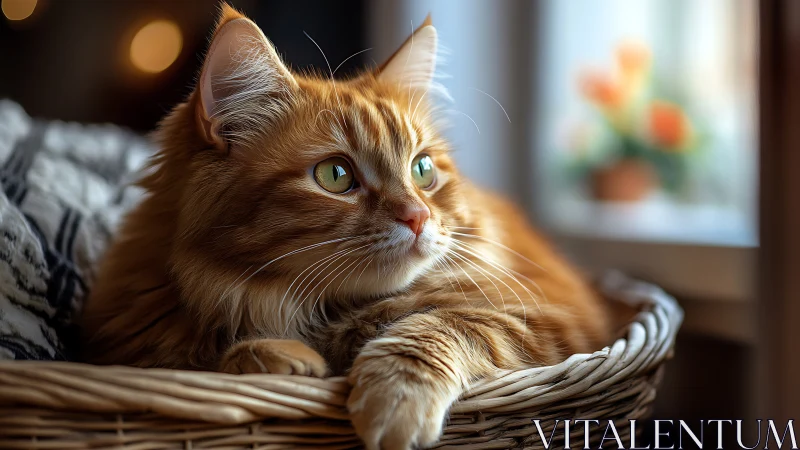 Cozy Ginger Cat Lounging in a Woven Basket by the Window.