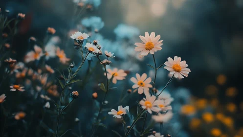 White and yellow wildflowers in softly blurred garden field.