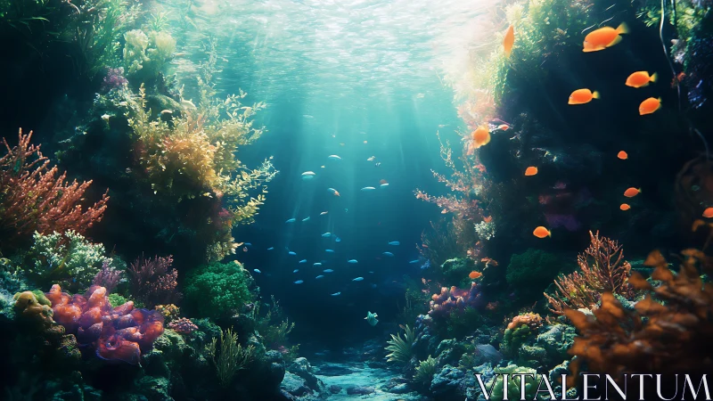 Sunlit coral reef canyon with colorful tropical fish.