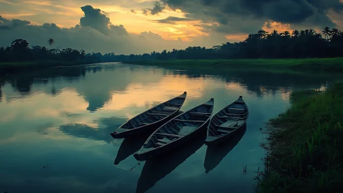 River boats moored in reflective sunset low-key landscape.