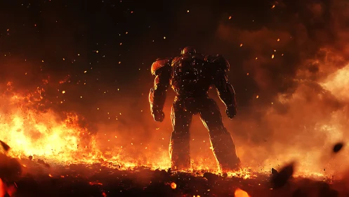Heavily armored humanoid figure in intense fiery landscape.