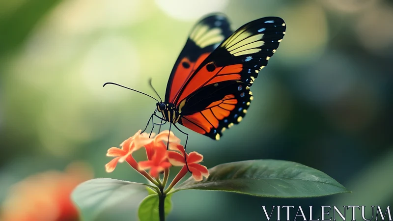 Macro study of orange black butterfly on flower with bokeh