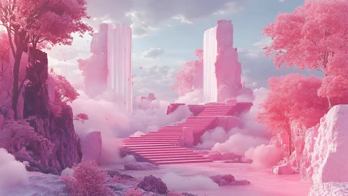 Monochrome pink ethereal stairway ascends through volumetric clouds