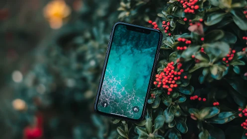Smartphone Nestled Among Vibrant Red Berries and Evergreen Foliage