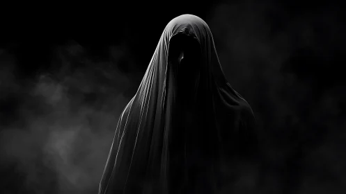 Shrouded phantom emerges from swirling black smoke and void