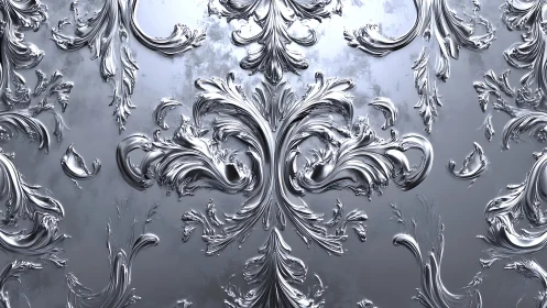 Polished silver baroque floral pattern in close detail.
